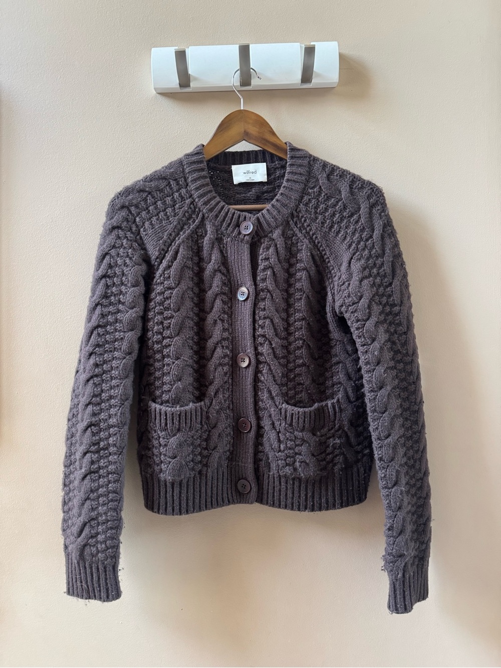 Wilfred Cable-Knit Button Cardigan in Charcoal Gray